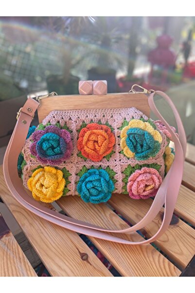 Satürn Hobi Örgü Ahşap Burslu Gül Motifli Clutch Çanta