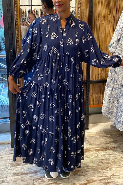 AYASOFYA OTANTIK Navy Blue Women's Dress - Button Detail, Loose Sleeves, Long
