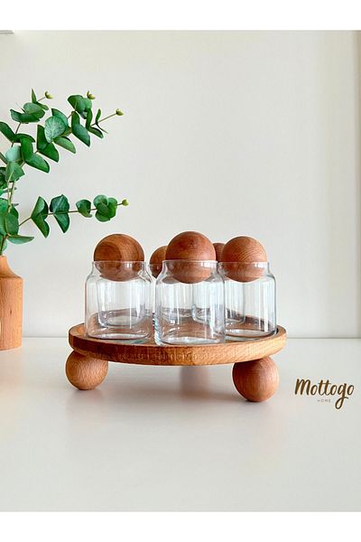 Mottogo Wooden Ball Stand| Presentation Set of 6 Wooden Ball Spice Rack with Lid