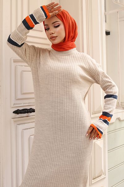 benguen 24206 Rochie din tricot culoare piatră cu nervuri - Detaliu dungi