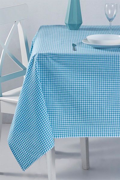 Denizli Concept 170x170 Cm Turquoise Gingham Tablecloth - Suitable for Daily and Garden Use