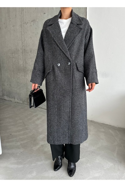 Laluvia Paris Buttoned Herringbone Langer Mantel-54331