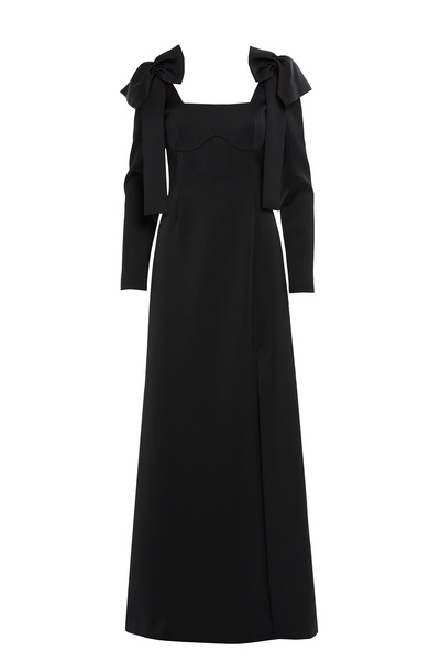 GİZİA Omuz Üstü Fiyonk Detaylı Astarlı Uzun Siyah Elbise