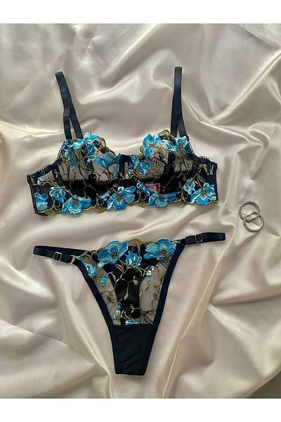 ARONA SET SUtien BRODE BRODAT ANEMON BLUE FLORE