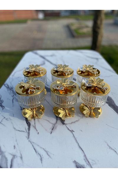 NEWTREND Züccaciye 6-Piece Gold Footed Stylishly Designed Elysia Glass Sugar Bowl, Snack Bowl, Turkish Delight Bowl, Presentation Bowl and Butterfly Lid