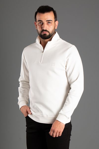 ZEKİ ÖZER White Stand Collar Zippered Men's Sweater