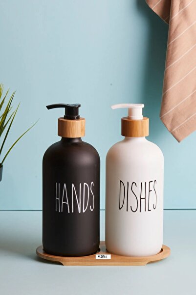 MİEN Lotion Black White 2 Li Sıvı Sabunluk,Siyah Beyaz cam bambu sabunluk