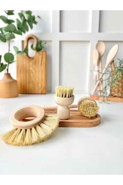 Mottogo Wooden Natural 3-Piece Cleaning Set and Wooden Base (Vegan)