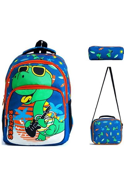 MASTER PACK Set de 3 genți de școală ortopedice cu model de dinozaur de sezon nou - cadou cutie de prânz și suport pentru stilou