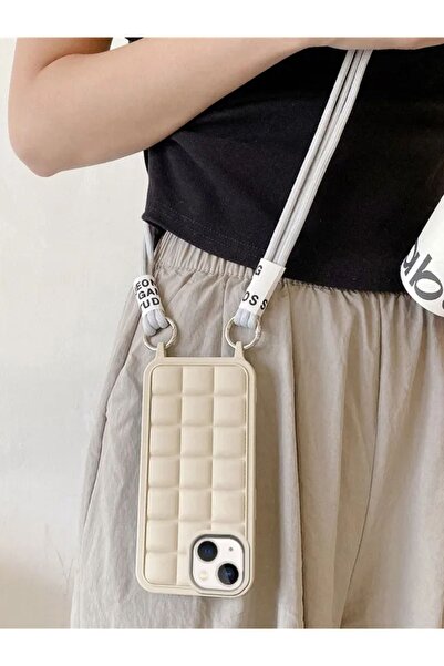 MAB Apple iPhone 14 Compatible Rope Series Silicone Case with Neck Strap - Cream