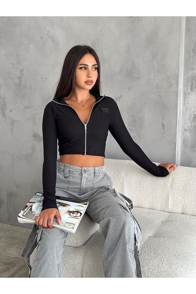 Noa Noa Cardigan Crop Fashion scris - Gât semi-înțeles, cu fermoar
