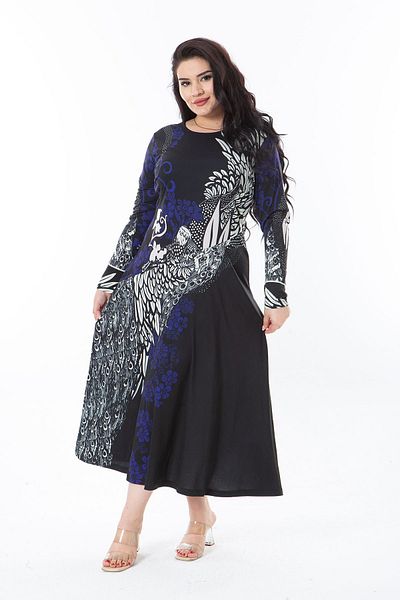 Şans Plus Size Print Μαύρο Φόρεμα σε Α γραμμή - Μακρυμάνικο 65n38235