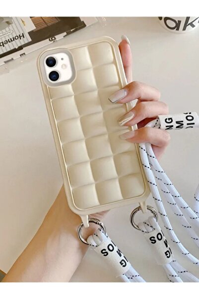 MAB Apple iPhone 11 Compatible Rope Series Silicone Case with Neck Strap - Cream