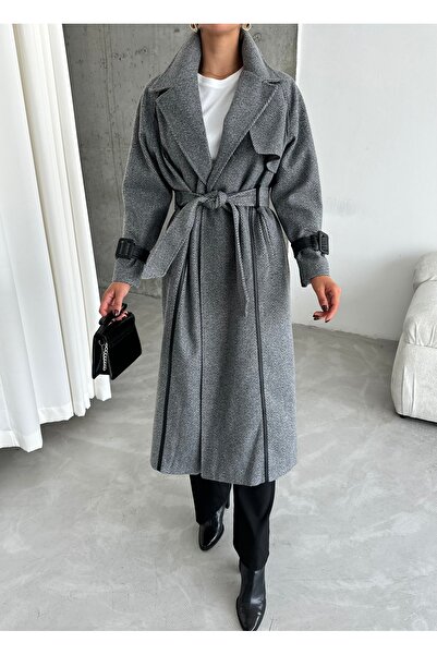 Laluvia Dark Gray Leather Stripe Belted Herringbone Long Coat-43886