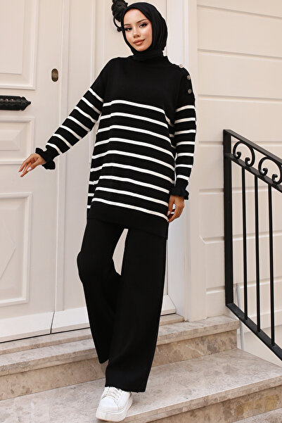 benguen 24019 Black Striped and Buttoned Knitwear Set