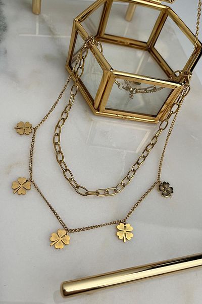 Modex Steel Gold Color Double Multi Clover Necklace