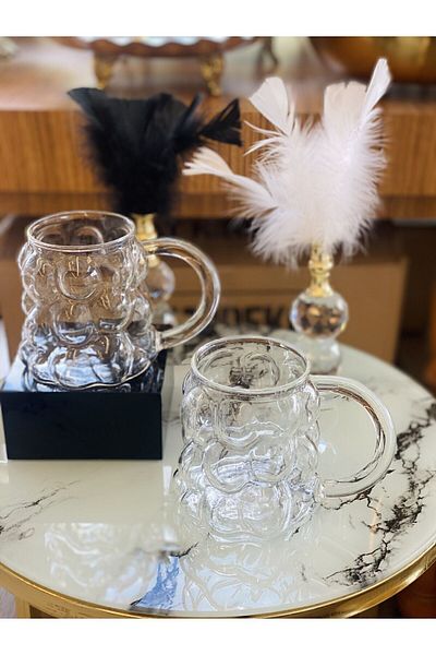 TURANLAR 2-Piece Borosilicate Soft Drink Cup - Grape Embossed Mug Glass with Handle