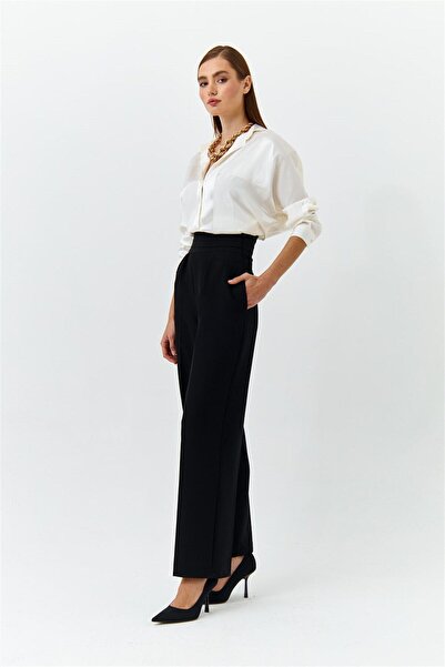 Tuba Butik Wide Leg Black Women's Fabric Trousers with Waist Detail