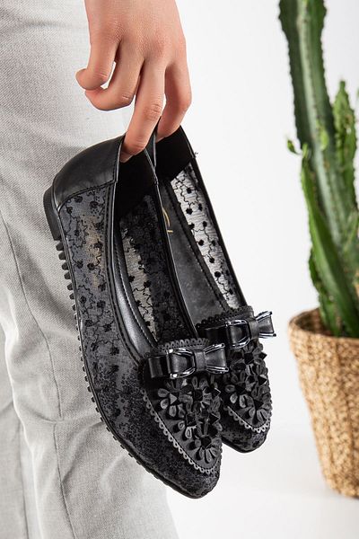Reyonda ayakkabı New Season Black Ballerinas with Tulle on the Side and Stone Detail