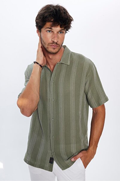 Tudors Άνετο ανδρικό πουκάμισο - κοντό μανίκι, 100% βαμβάκι, ριγέ χακί
