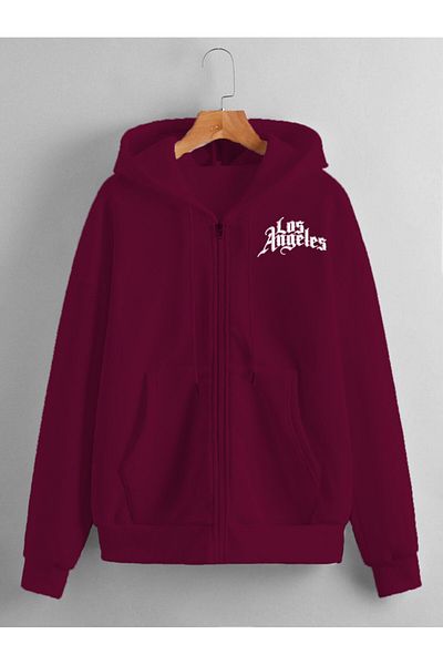 LUNAVISTA Burgundy Los Angeles Printed Hooded Zipper Oversized Sweatshirt