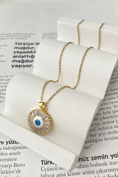 Modex Evil Eye Steel Shuttle Stone Necklace - Size: 40cm+5