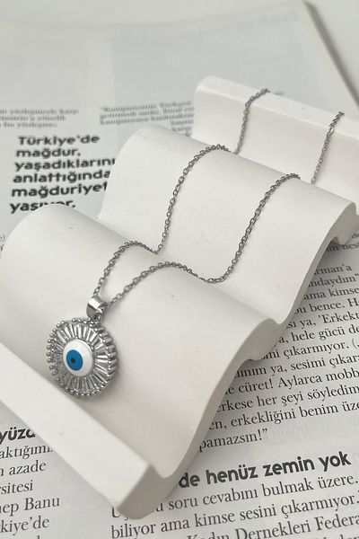 Modex Evil Eye Steel Shuttle Stone Necklace - Size: 40cm+5
