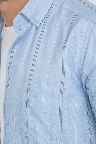 Varetta Чоловіча синя сорочка з короткими рукавами, коміром на ґудзиках, бавовняна, з кишенями та смужками
