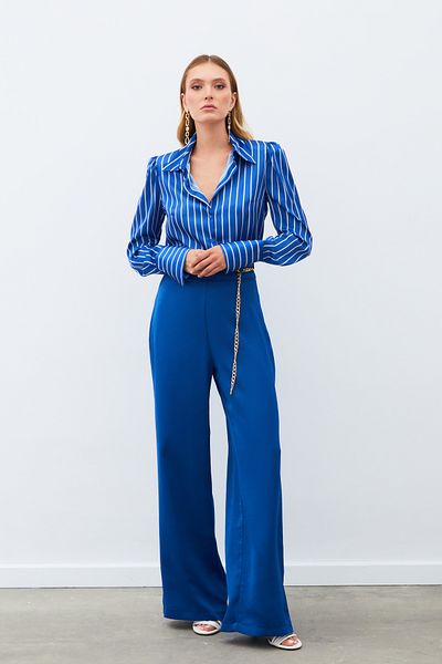 Sateen Satin Crepe Trousers with Chain - Indigo