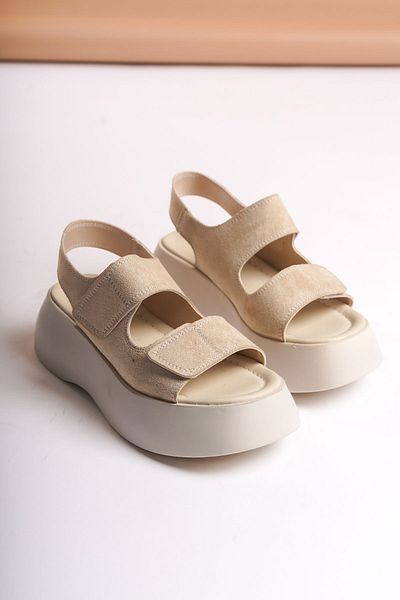SEEM & BE Gia Velcro Platformă Tocuri piele intoarsa Bej Sandale dama Pantofi de vara