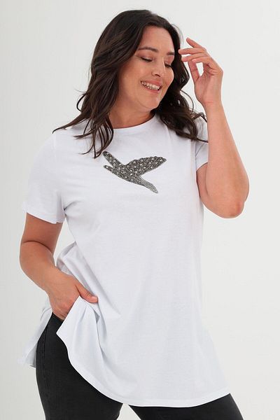 SERTUĞ Trend42plus Tricou alb cu imprimeu cu piatră pre-pasăre de mărime mare