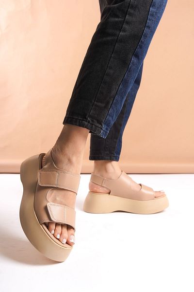 SEEM & BE Tocuri cu platformă cu velcro Gia Sandale de damă nude Pantofi de vară din piele vegană