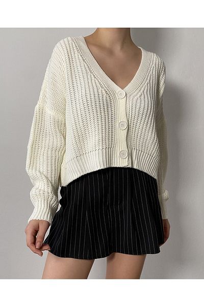 minaaise Bone Basic Short V-Neck Knitwear Cardigan 26020