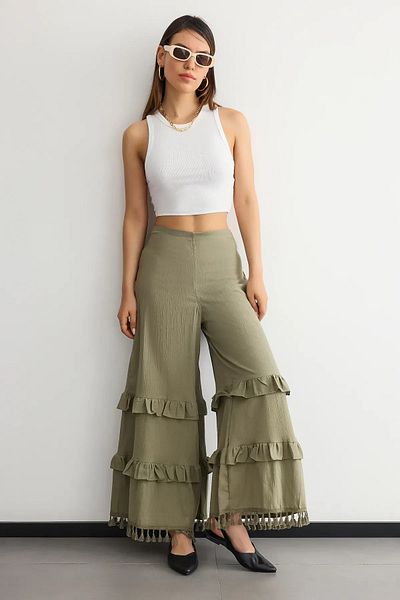 Hiccup Pantaloni largi din in, cu talie înaltă, cu capete cu ciucuri