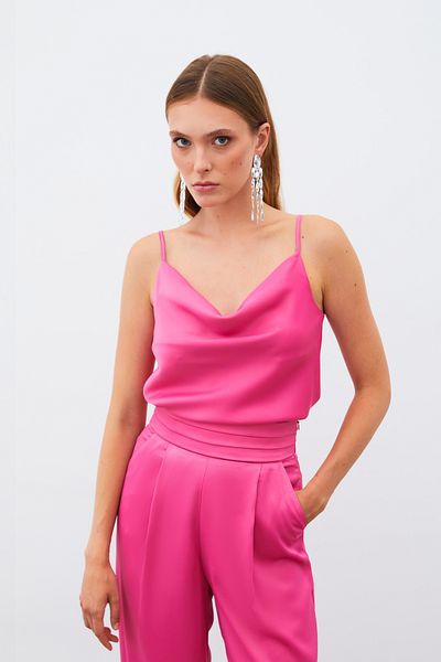 Sateen Fuchsia Degaje Collar Satin Blouse