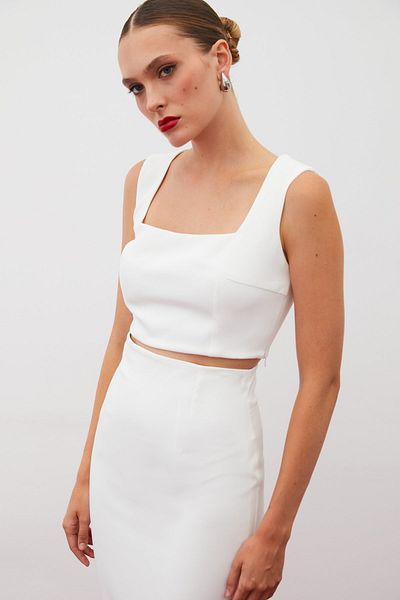 Sateen Bluză crop cu guler pătrat ECRU