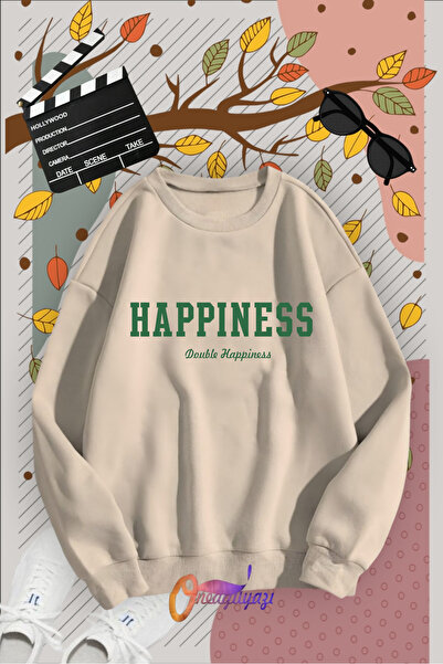 oneagılyazı Verde cu imprimeu Fericire guler rotund Swea tricou