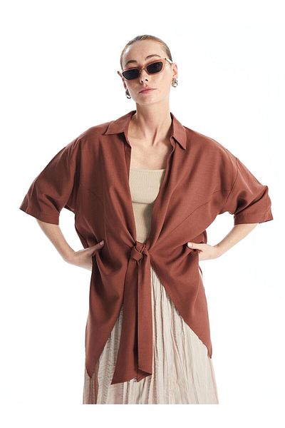 LC Waikiki LCWAIKIKI - Kimono de damă din in supradimensionat cu guler șal de culoare cărămidă