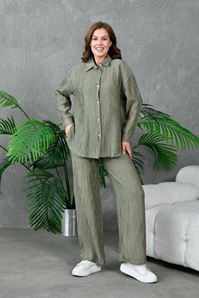lovebox Comfortable Cut Crinkle Shirt and Trousers Set - Elastic Waist 130