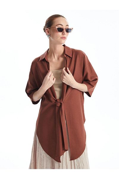 LC Waikiki LCWAIKIKI - Kimono de damă din in supradimensionat cu guler șal de culoare cărămidă