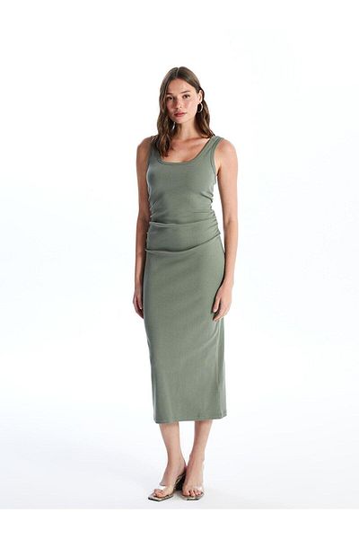 LC Waikiki Γυναικείο φόρεμα Bodycon με λαιμόκοψη LCW Vision Khaki