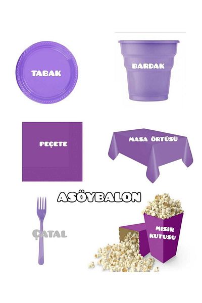 asöy Birthday Disposable Purple Lilac Plate Cup Fork Napkin Corn Box Tablecloth Set Disposable