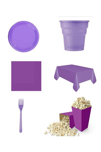 asöy Birthday Disposable Purple Lilac Plate Cup Fork Napkin Corn Box Tablecloth Set Disposable