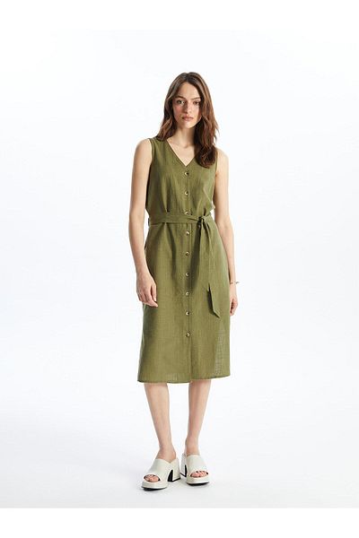 LC Waikiki LCWAIKIKI - Γυναικείο φόρεμα με λαιμόκοψη Χακί λινό Look
