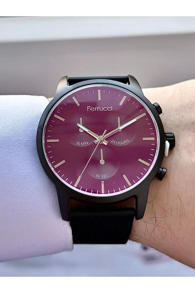 Ferrucci Men's Dark Black Function Thin Bezel Mesh Clock - Dark Pink Dial, Chronometer