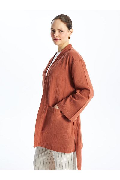 LC Waikiki LCW Modest - Дамско кимоно с дълъг ръкав и яка с цвят канела, голям размер