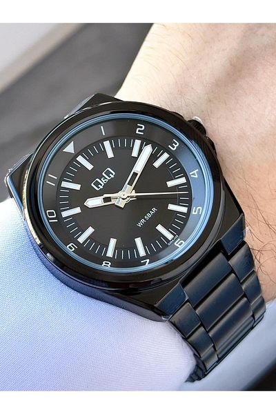 Q&Q Men's Black Classic Groom Metal Cord Phosphor Line Black Dial Analog Watch