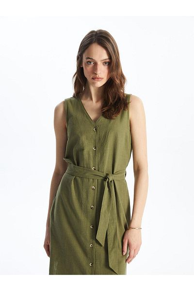 LC Waikiki LCWAIKIKI - Γυναικείο φόρεμα με λαιμόκοψη Χακί λινό Look