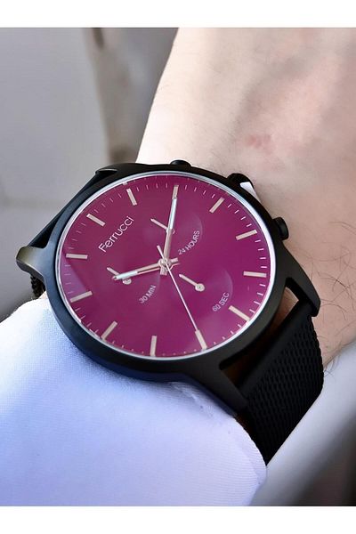 Ferrucci Men's Dark Black Function Thin Bezel Mesh Clock - Dark Pink Dial, Chronometer