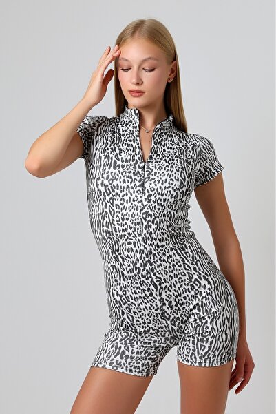 Winmoda34 Kadın Deniz Tulumu DESENLİ KISA KOLLU Önden Fermuar Detaylı